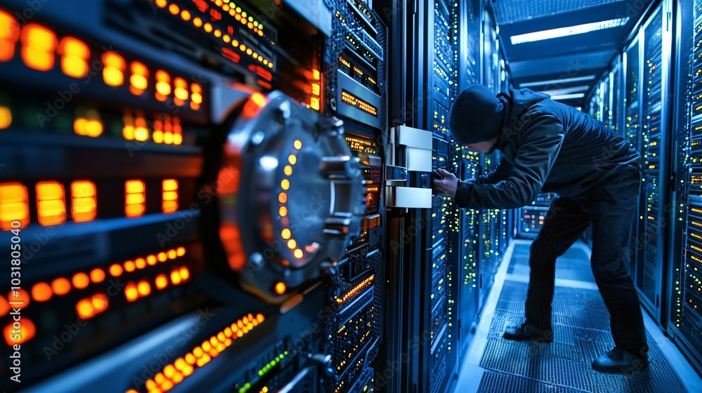 Poster a digital safe bursting with encrypted files, while a hacker stands outside confused by the multiple