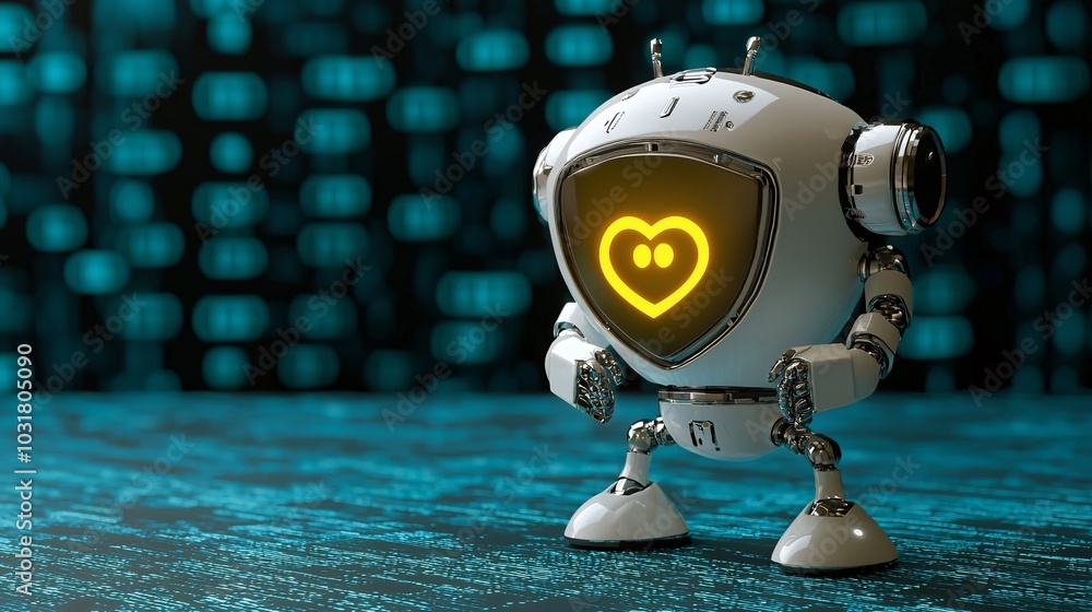 Poster a privacy-conscious ai robot holding a glowing shield, protecting a user's personal data from incomi