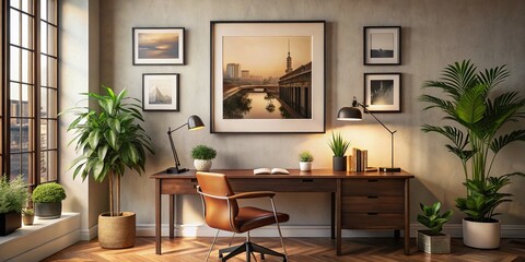 Vintage Style Office Mockup with Horizontal Framed Poster for Branding and Decor Inspiration