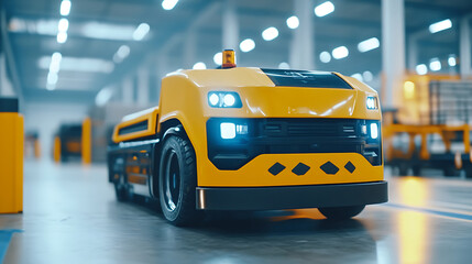 Autonomous yellow robot vehicle in spacious industrial setting