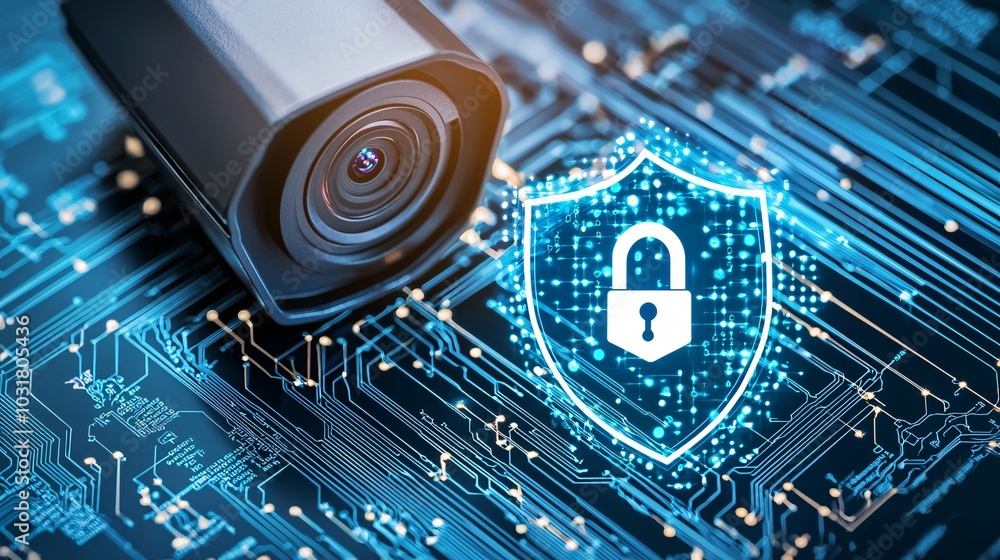 Poster a glowing security camera with a privacy shield hovering over it, representing protection against un