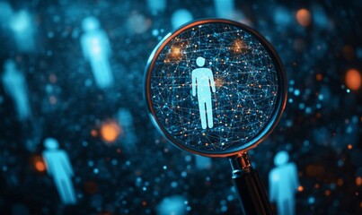 Magnifier glass of Human Resource Management focus on manager icon among staff icons, symbolic representation of human development, recruitment, leadership, and customer target group, Generative AI