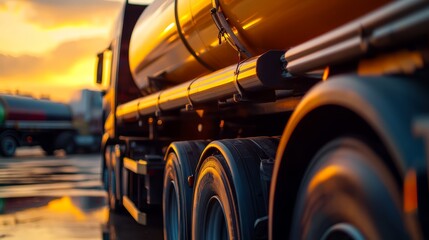 Close-up of a fuel truck with illuminated wheels at sunset, showcasing vibrant colors.