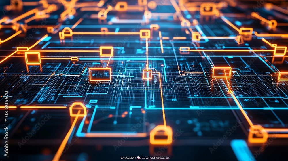Poster a conceptual image of 'privacy by design,' showing an intricate blueprint of a digital system built 