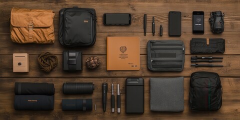 Flat lay of tech accessories on wooden background, featuring bags, gadgets, and notebooks, showcasing modern travel essentials.