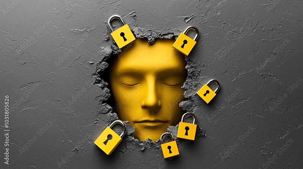 Poster a user profile surrounded by padlocks, privacy settings, and encrypted code, representing how person
