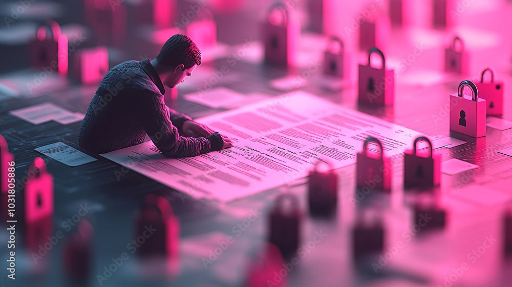 Poster a glowing privacy policy document with digital padlocks surrounding it, while a hacker tries to brea