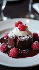  Elegant dessert plate showcasing a rich chocolate lava cake, with molten chocolate oozing from the center, creating a decadent and visually appetizing dish.