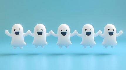 Obraz premium Five cheerful cartoon ghosts holding hands, creating a playful and fun atmosphere.