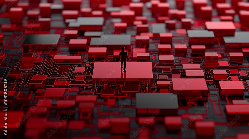 Poster a hacker surrounded by layers of red 'access denied' shields, as encrypted personal data flows past 