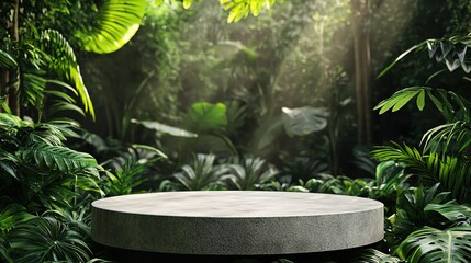 Serene Jungle Scene with Abstract Platform and Lush Foliage