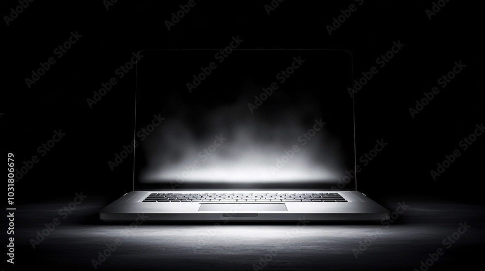 Poster a conceptual image of 'privacy mode' on a computer, showing a darkened screen with only minimal, sec
