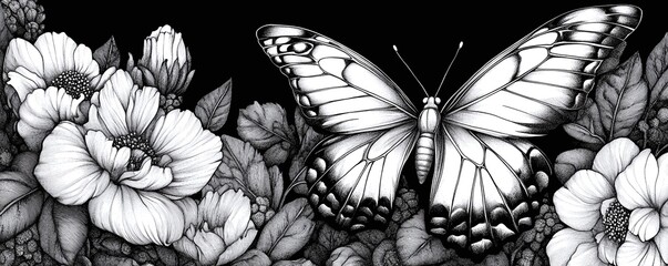 An intricate black and white illustration of a butterfly resting on a flower