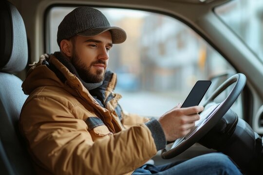 Young delivery man courier sitting in car and using mobile smartphone checking location to contact the customer for shipment, Generative AI