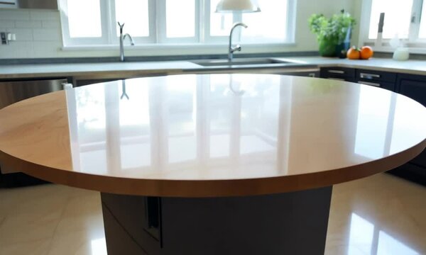 A close-up of a smooth, wooden table top in a kitchen.  The surface is glossy and reflects the light from a nearby window.