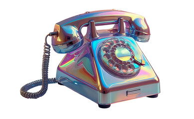 3D chrome element in Y2K style, isolated background, liquid holographic metal. Silver phone with a rainbow colored dial, shiny surface.