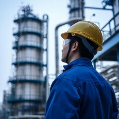 Asian male engineer wearing a helmet, observing refinery operations in safety gear.