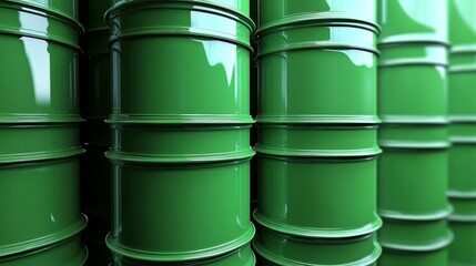 Close-up of stacked green barrels in a warehouse setting.