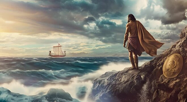 Odysseus standing on a rocky shoreline, gazing out towards the horizon where a ship sails away on rough seas and longing for his home across the seas.