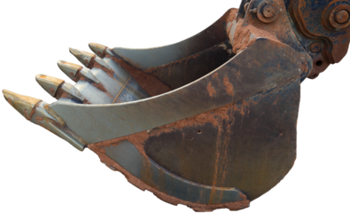 Excavator bucket with sharp teeth showing signs of wear, perfect for construction and heavy machinery operation