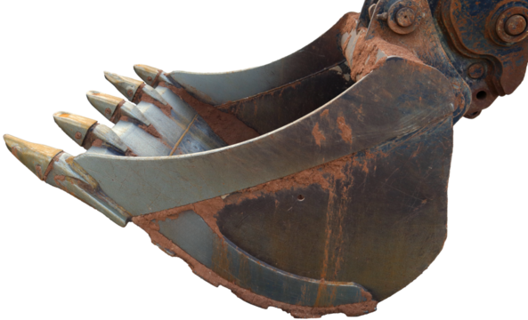 Excavator bucket with sharp teeth showing signs of wear, perfect for construction and heavy machinery operation