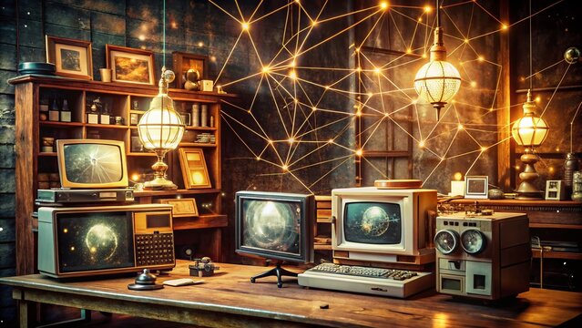 Vintage Style Quantum Interface Exploration with Futuristic Elements and Retro Aesthetics