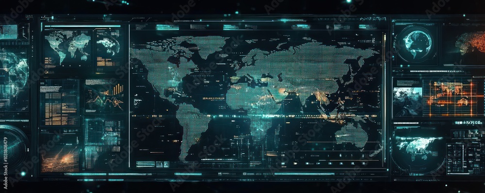 Poster futuristic global digital interface with world map and technology elements