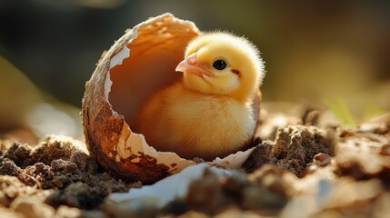 Newborn Chick Emerging from Eggshell  Symbol of New Life  Baby Bird Hatching  Springtime