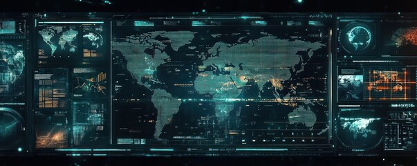 Futuristic Global Digital Interface with World Map and Technology Elements