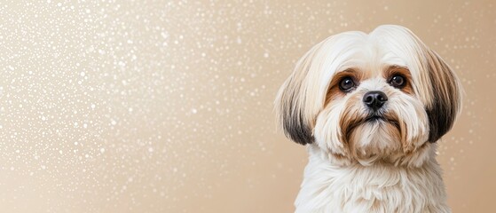  A small dog, white and brown, stands before a white wall dotted with water droplets on its face