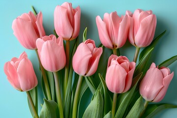 Fototapeta premium A bouquet of pink tulips against a blue wall