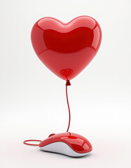 A red heart-shaped balloon tethered to a computer mouse