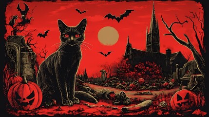 A black cat with red eyes in a spooky Halloween landscape at sunset.