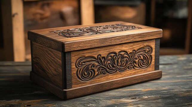 Wooden box with intricate carvings, resting on a rustic surface.