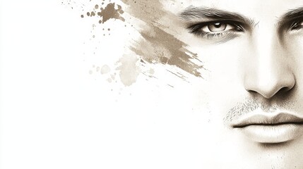 Obraz premium A monochrome image of a man's face with paint splatters adorning the wall behind