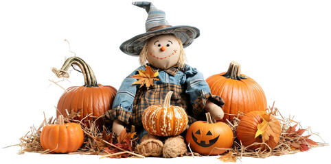 Scarecrow with Pumpkins for Harvest Season Decor – Isolated on White Background