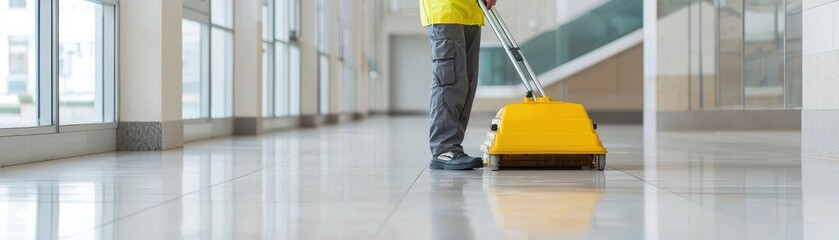 Cleaning professional using a machine to polish floors in a bright, modern building.