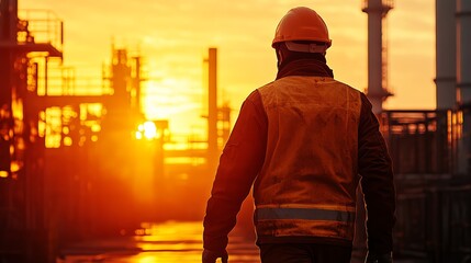 Silhouetted worker in orange vest and helmet at sunset in an industrial setting.