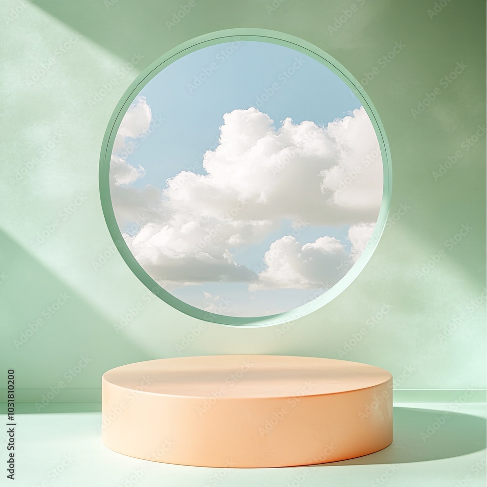 Poster a minimalistic scene featuring a round window with clouds visible, casting soft light on a round ped