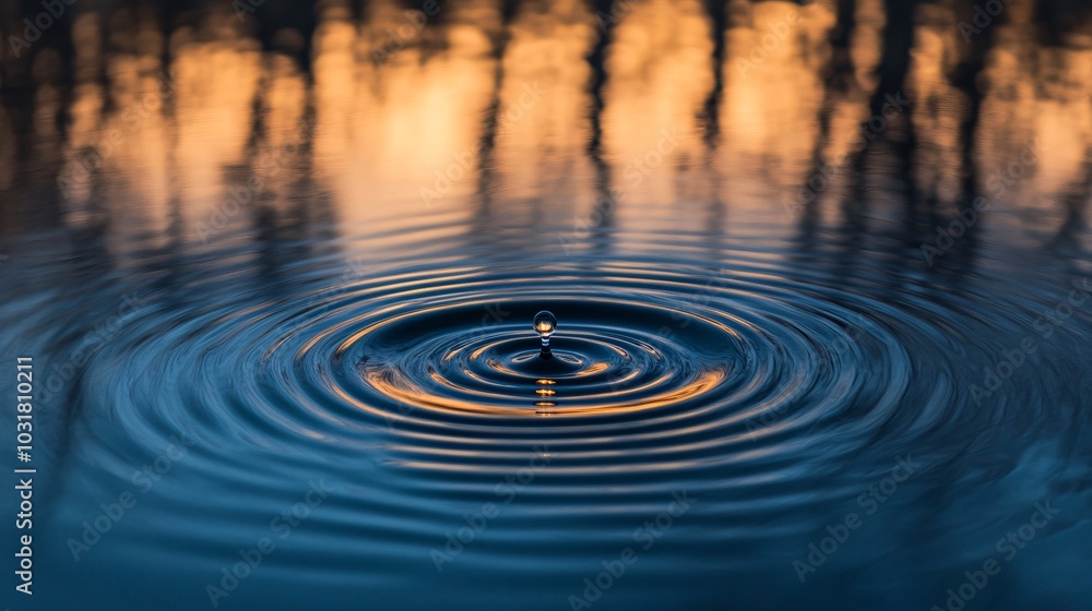 Aufkleber a tranquil water surface with ripples expanding from a single drop, reflecting warm colors of sunset