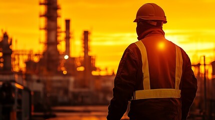 Male worker in safety gear silhouetted against a vibrant sunset at an industrial site.