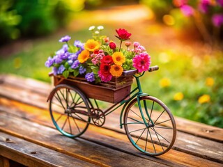 Vintage Tiny Iron Bike with Flowers on Wooden Tray for Worldwide Bicycle Day