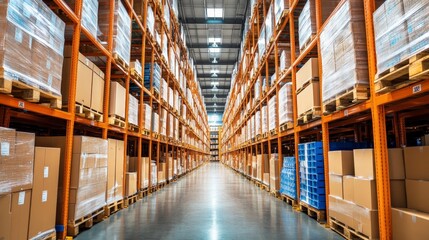 Fototapeta premium Warehouse Interior with Rows of Pallets and Cardboard Boxes