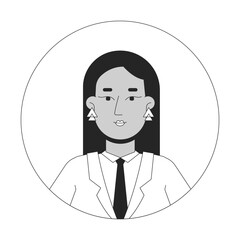 Modern middle eastern businesswoman black and white 2D avatar illustration. Office manager lady suit outline vector character face isolated. Head and shoulders. Round frame user profile image portrait