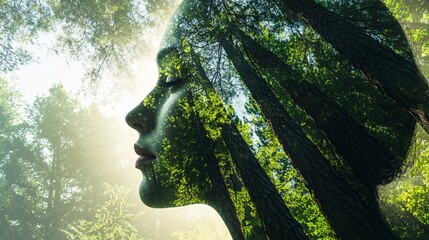 A double exposure of a woman's profile intertwined with forest imagery, symbolizing the connection between nature and humanity.
