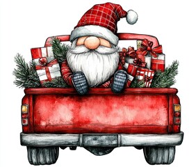 Santa with gifts in a red truck illustration, Watercolor illustration of Santa sitting in the back of a red truck filled with Christmas gifts and pine branches, conveying festive holiday spirit.

