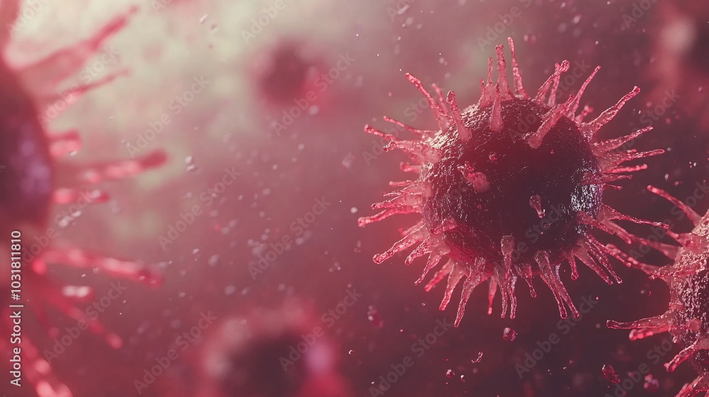 Poster close-up of viruses under microscope, showcasing intricate details and textures with a red hue again