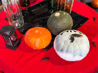 Beautiful elegant thanksgiving dinner table decor rustic style with little pumpkins, candles, dry...