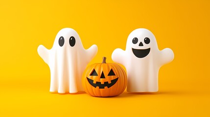 Obraz premium Two cheerful ghost figurines beside a carved pumpkin on a bright yellow background.