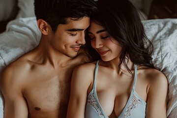 A close-up shot of a couple in sleepwear, sharing an intimate embrace on a bed, their eyes filled with affection, their smiles radiating warmth and happiness